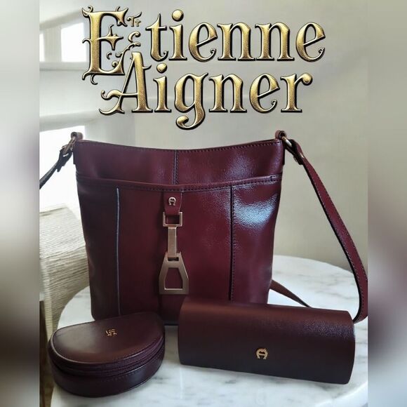 Etienne Aigner Vintage Burgundy Leather Crossbody Bag,Jewelry And Sunglass Case - Picture 1 of 12